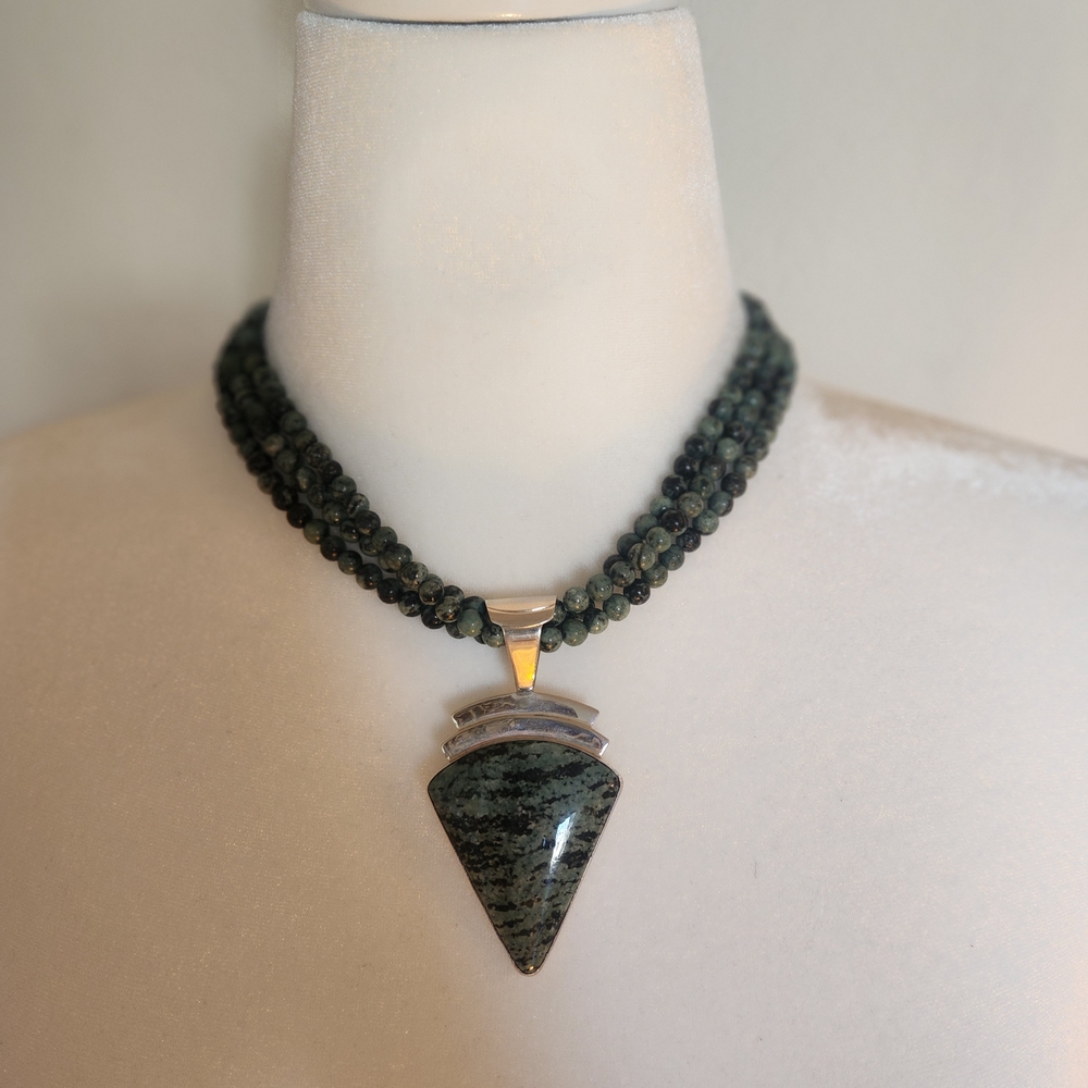 Jay King Sterling Silver and Green Jasper Pendant Necklace.
